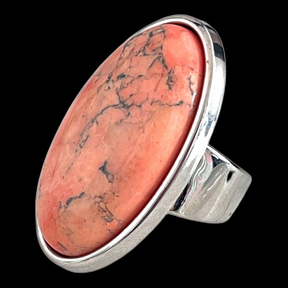 New Statement Ring Silver Tone Coral Tone Semi Precious Stone Size 7 - 1N